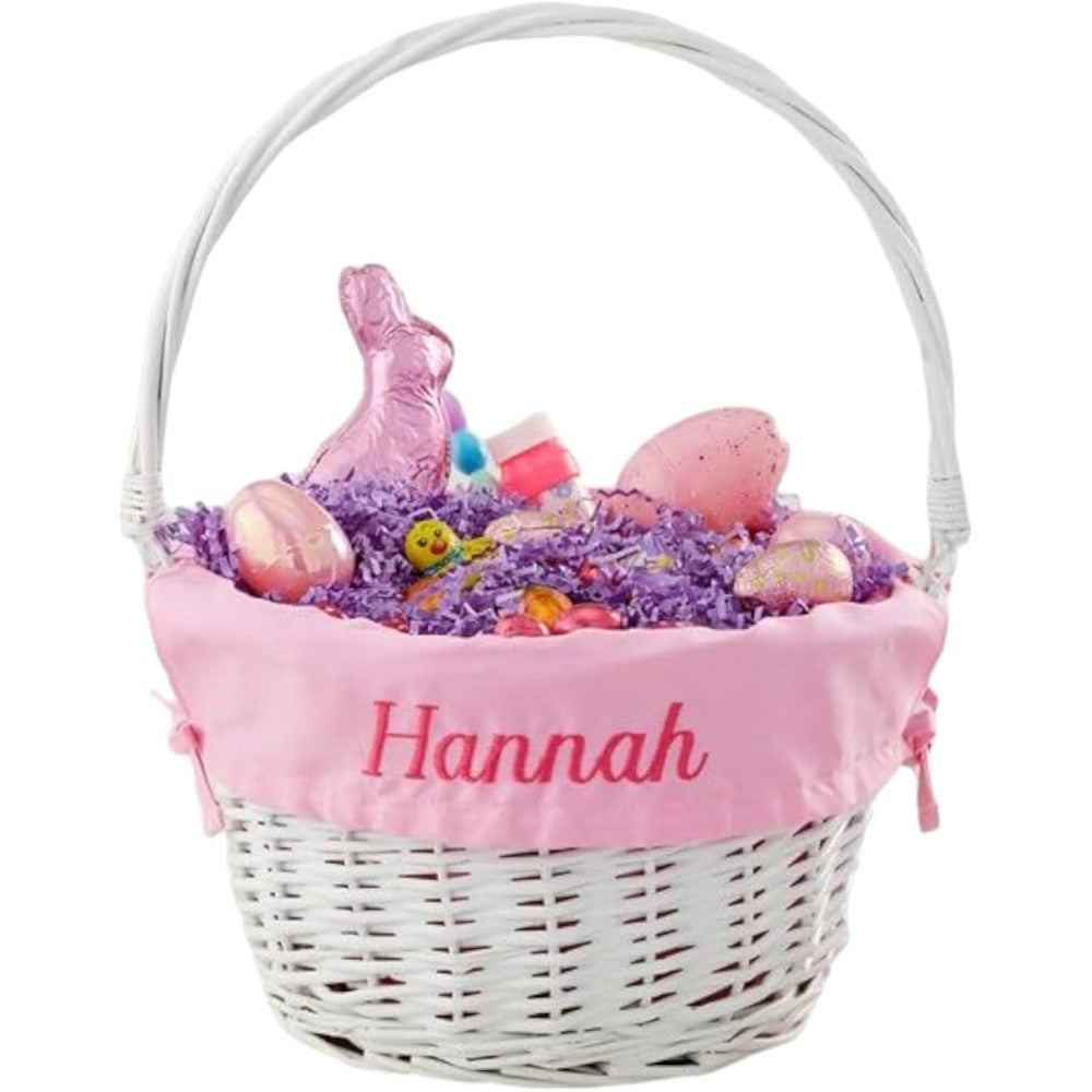 Personalization Universe classic white Easter basket front view with light pink liner