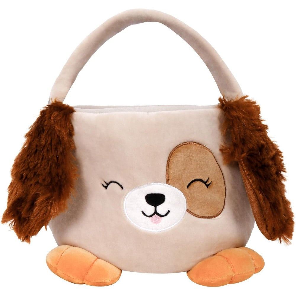Wepop cute dog plush Easter basket front view with floppy ears and brown eye patch