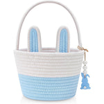 OIASKET woven rope bunny easter basket front view showcasing blue and white cotton design.