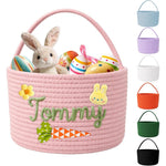 Poschnor personalized Easter basket front view showing pink woven cotton rope design and plush bunny face