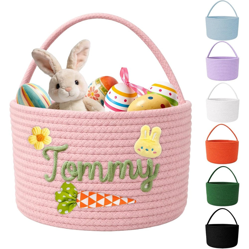 Poschnor personalized Easter basket front view showing pink woven cotton rope design and plush bunny face