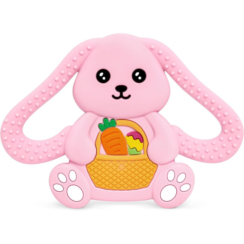 Gaiabliss bunny silicone teething toy front view featuring colorful rabbit and carrot shapes