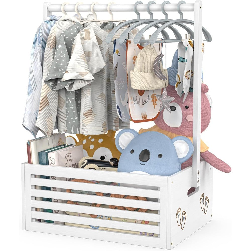 Bamboohomie baby shower crate closet front view showing white bamboo finish and hanging rack