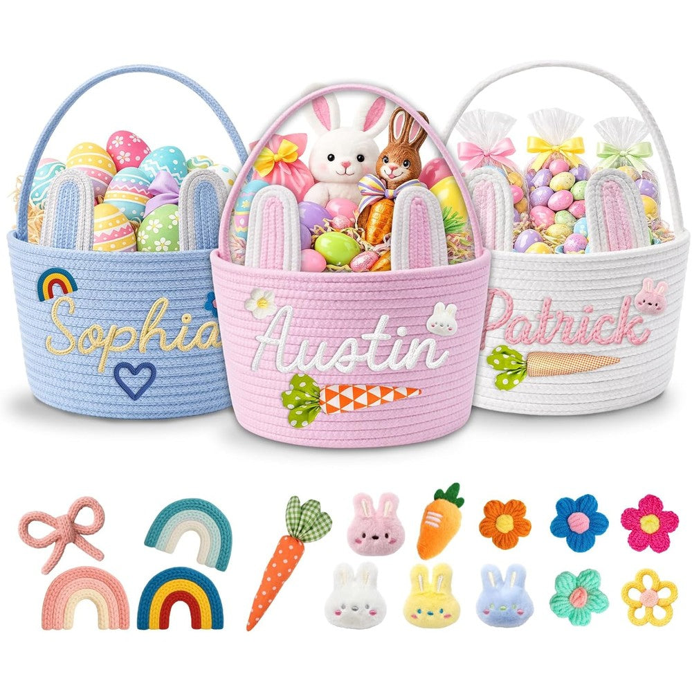 Dyoart Personalized Easter Basket front view showing pink cotton rope design with embroidered bunny ears.
