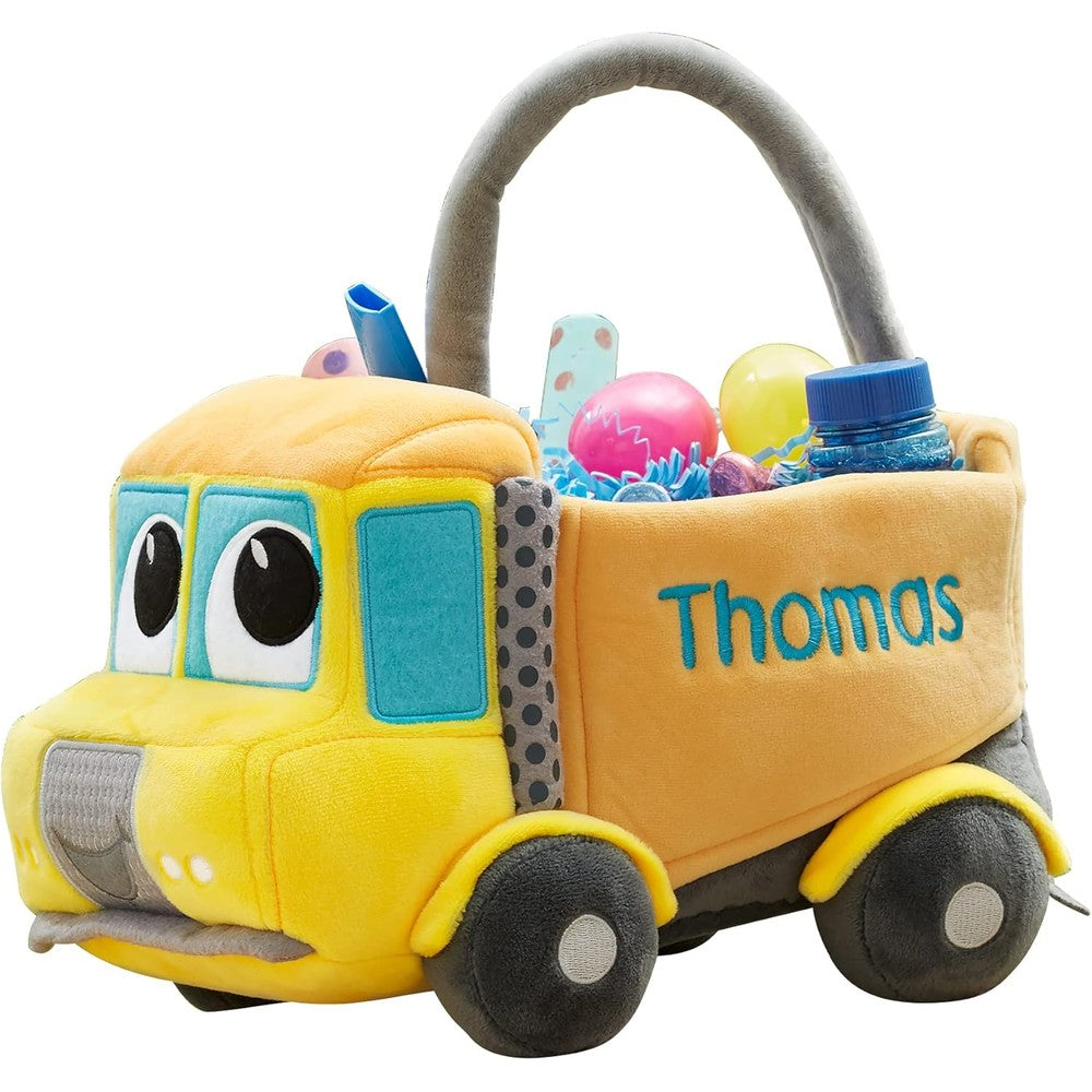 Personalization Universe Construction Truck Plush Basket front view showing embroidered details