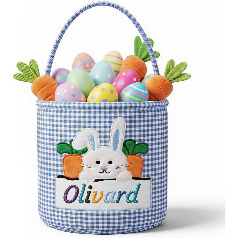 OXYEFEI personalized Easter basket blue front view showing custom embroidered bunny design.