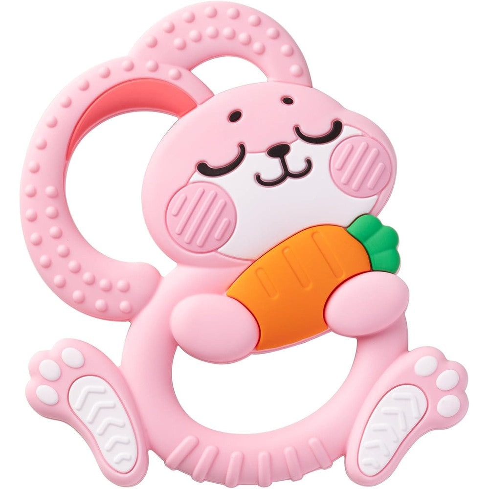 Duannick Easter bunny silicone baby teething toy front view featuring a pink rabbit holding a carrot.