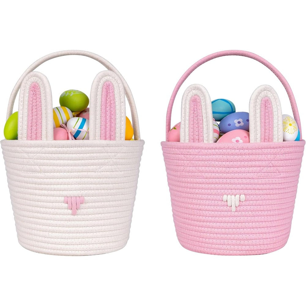 CubesLand Easter Baskets for Kids front view showing two white woven cotton rope bunny buckets with pink lined ears