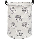 Essme lion baby laundry hamper front view displaying the cute animal pattern on white canvas.