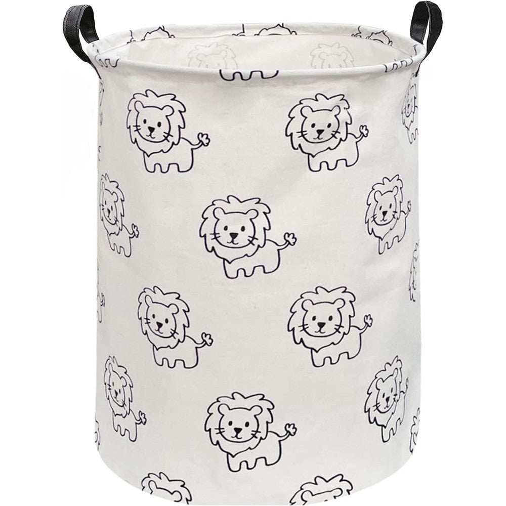Essme lion baby laundry hamper front view displaying the cute animal pattern on white canvas.