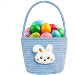 Poschnor Easter Bunny Basket front view showing blue woven cotton rope and plush rabbit applique.
