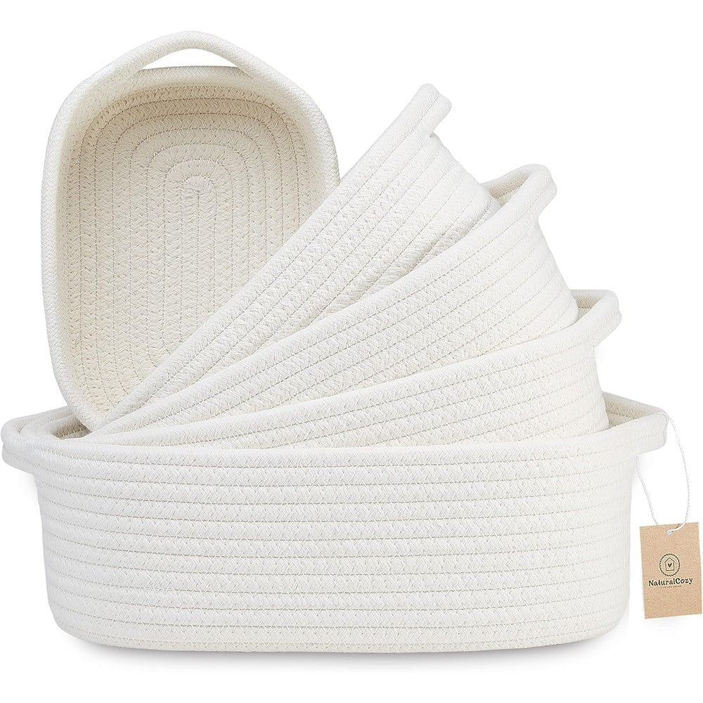NaturalCozy 5-Piece Rectangle Storage Basket Set front view showing five nested off-white woven cotton bins for home organization.