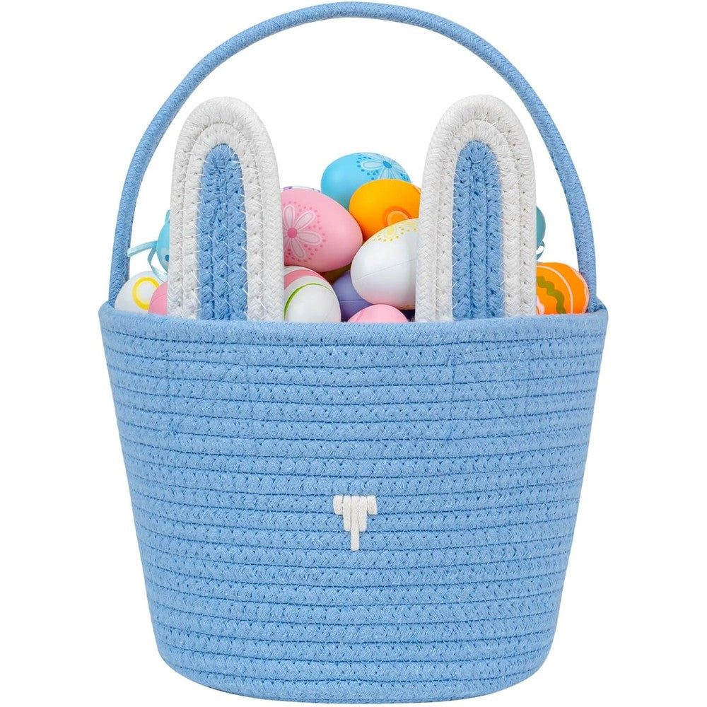 CubesLand Blue Easter Basket front view showing woven cotton rope texture and upright design.