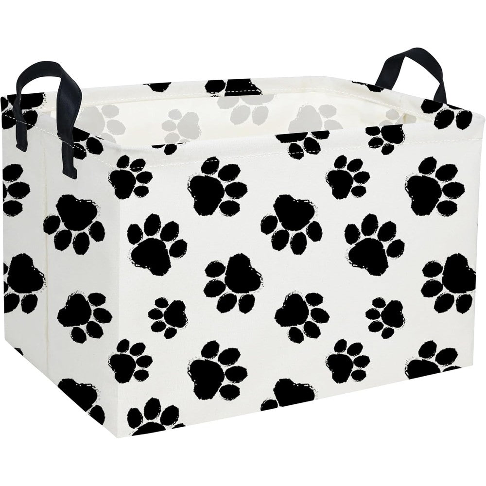 DDBASKET Rectangular Dog Basket front view showcasing white canvas body with black paw prints