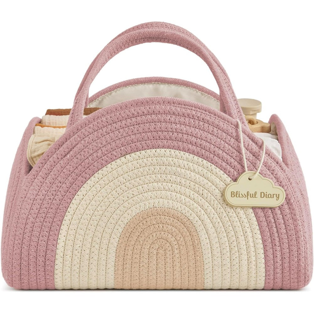 Blissful Diary baby diaper caddy organizer front view in blush rainbow design.