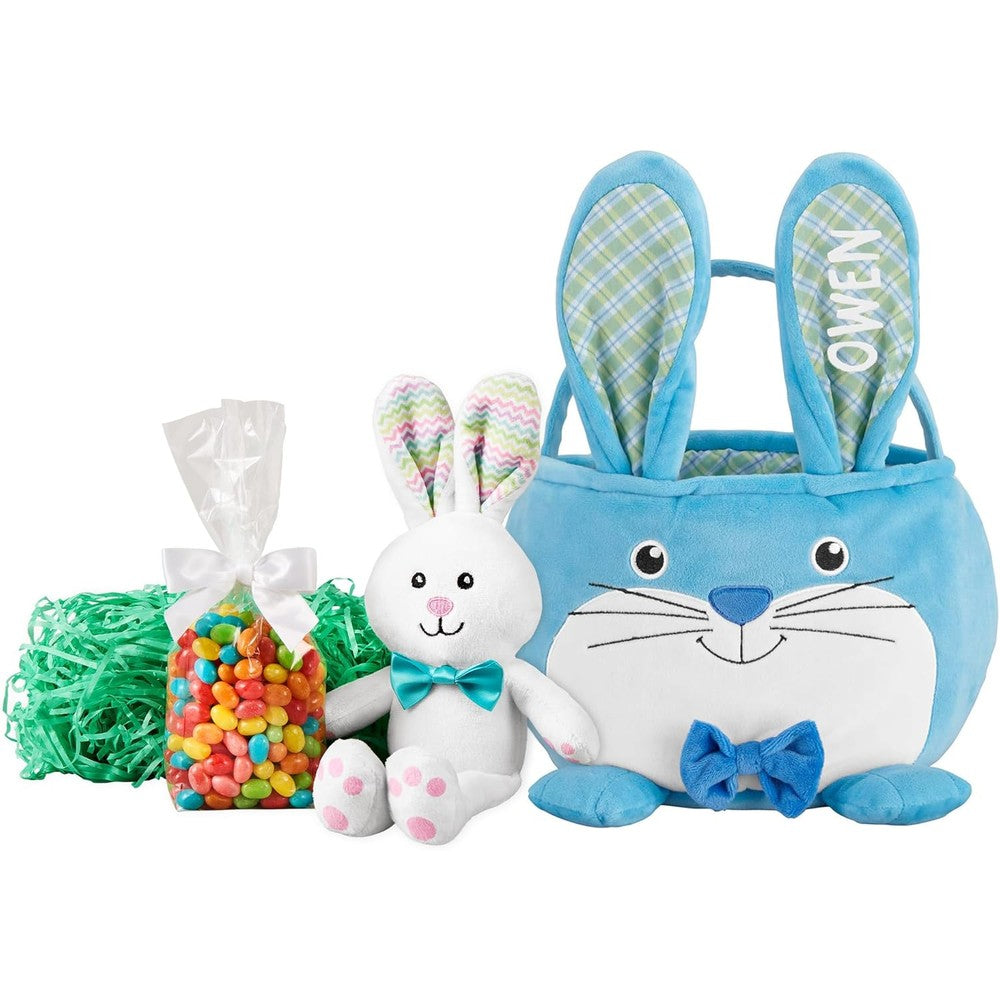Let's Make Memories personalized blue bunny Easter basket front view for holiday gifting