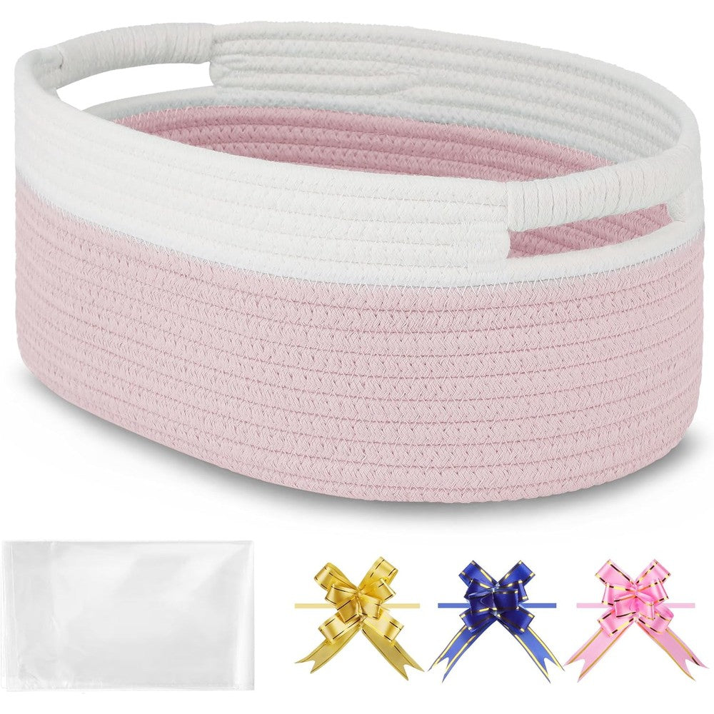 BOSROTY small woven basket front view showing white and light pink cotton rope design with gift wrapping accessories.