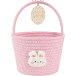 OIAHOMY personalized bunny easter basket pink front view showcasing woven rope texture and plush rabbit motif