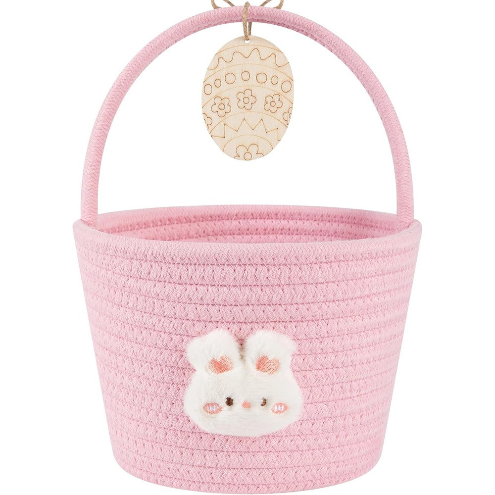 OIAHOMY personalized bunny easter basket pink front view showcasing woven rope texture and plush rabbit motif