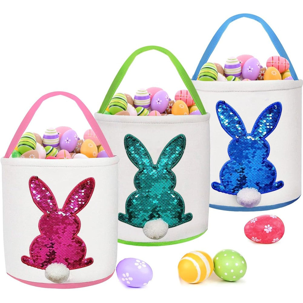 TURNMEON Canvas Easter Bunny Baskets three pack front view for kids egg hunt