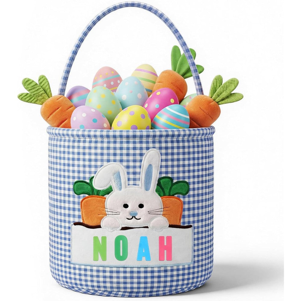 OXYEFEI personalized blue Easter basket front view with embroidered bunny face