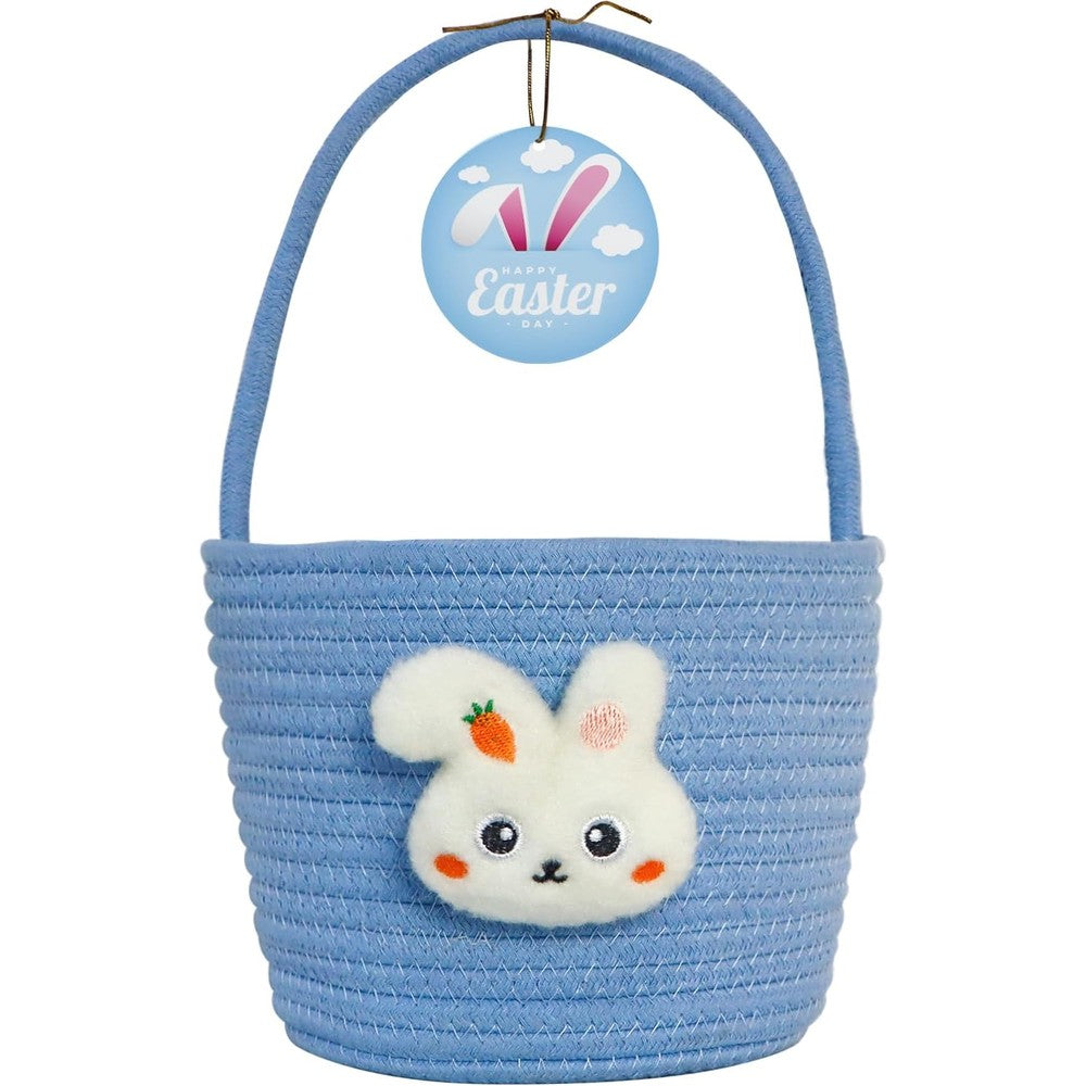 XENTUMI woven Easter basket front view showing blue cotton rope and felt bunny detail