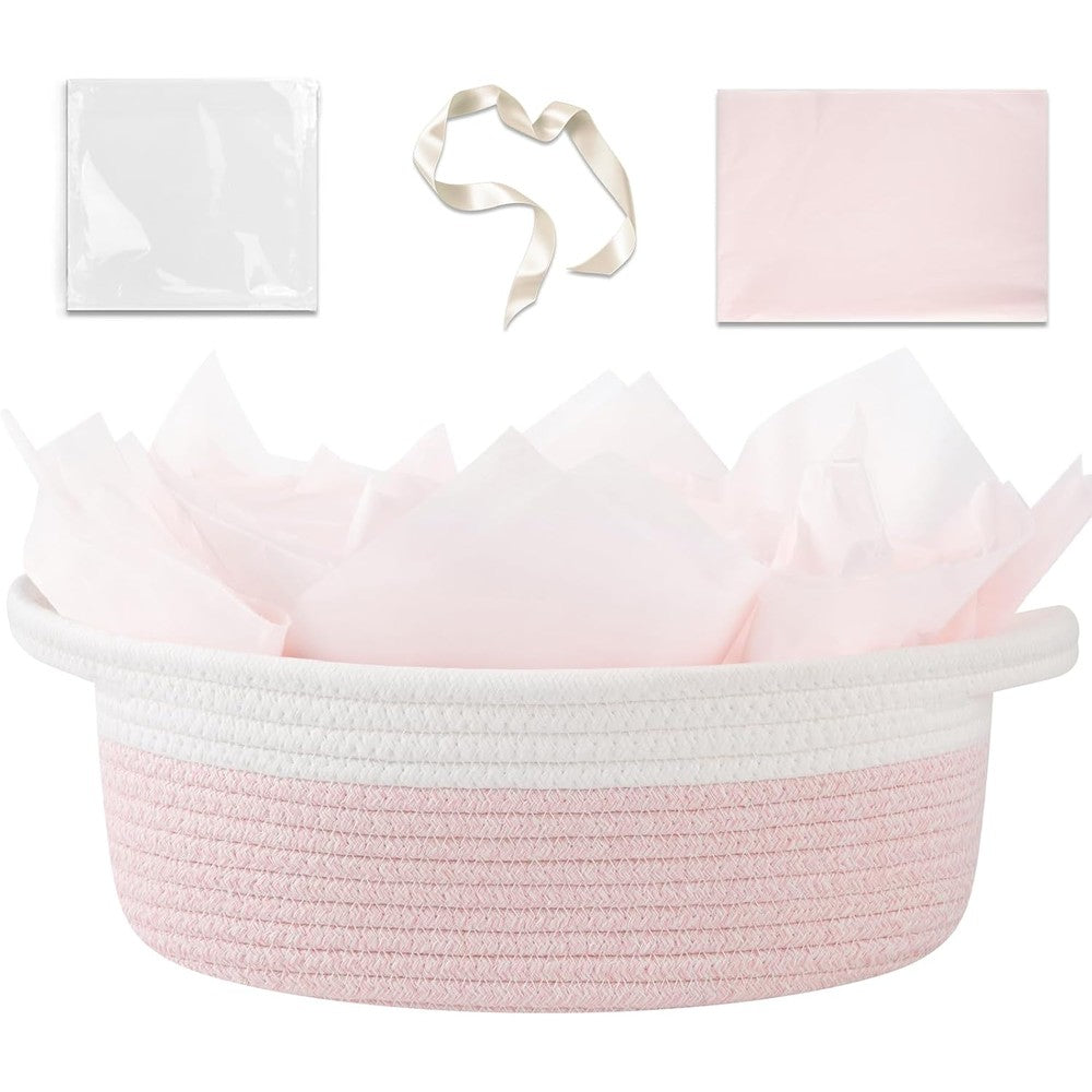 OIAHOMY small woven cotton gift basket front view in pink and white