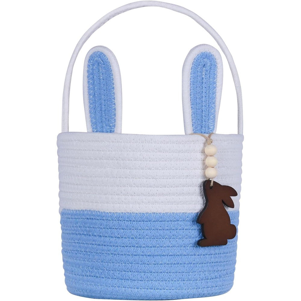 K-MLICE Easter Basket front view showing blue and white woven cotton pattern with attached bunny ears.