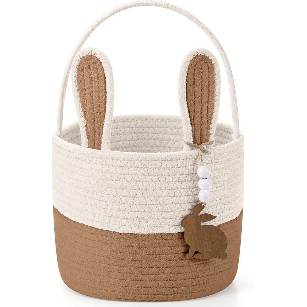 SiliFine Easter Bunny Basket front view showing woven cotton rope design and attached name tag.