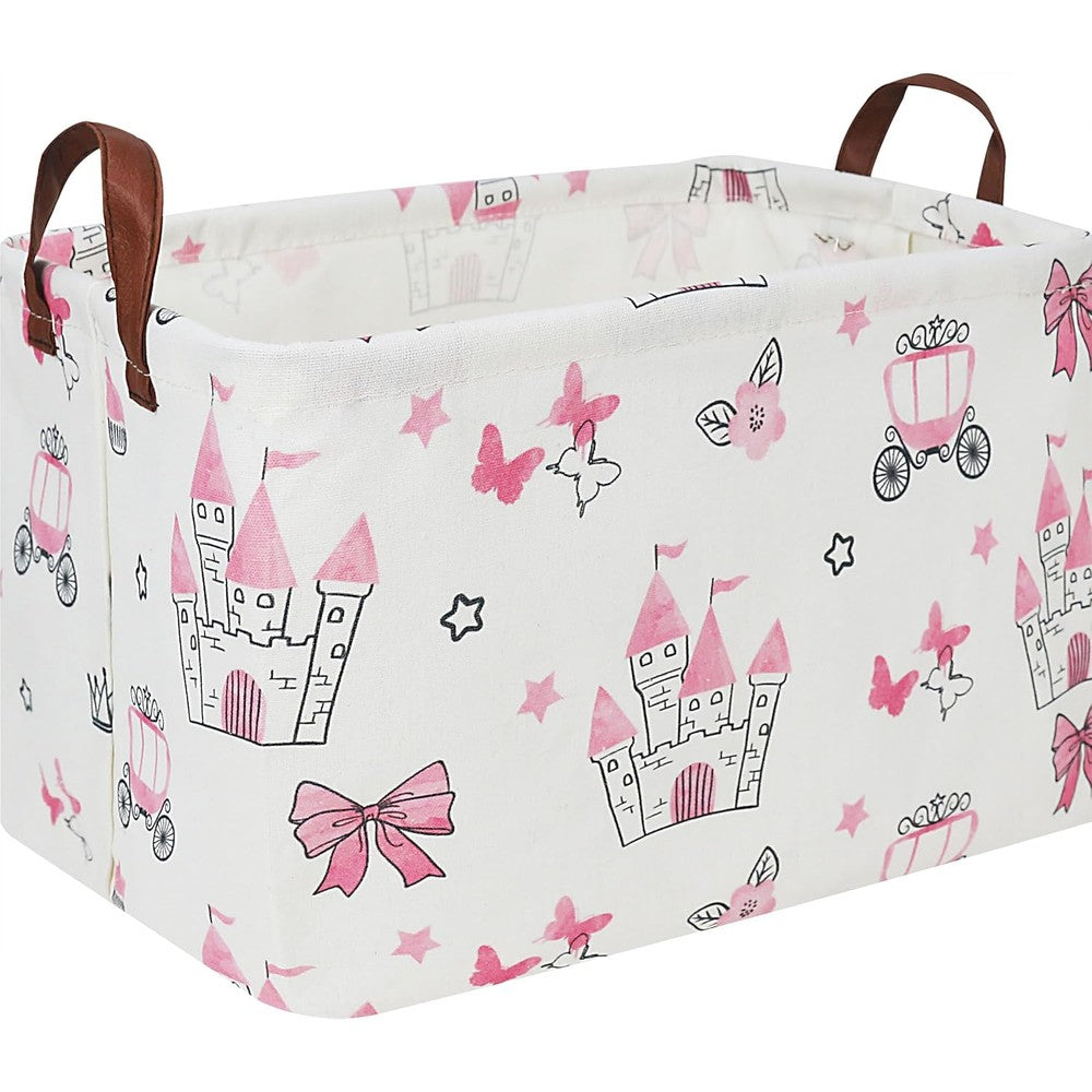 HKEC rectangle storage basket front view showing pink princess castle pattern and leather handles