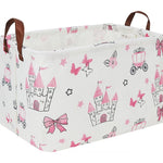 HKEC rectangle storage basket front view showing pink princess castle pattern and leather handles