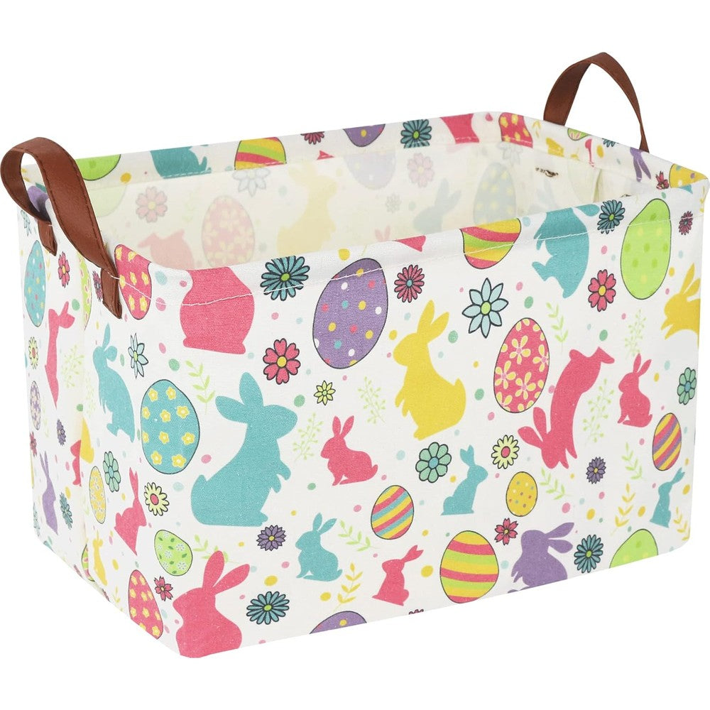 CLOCOR Rectangular Easter Eggs Basket front view showing colorful pattern and leather handles