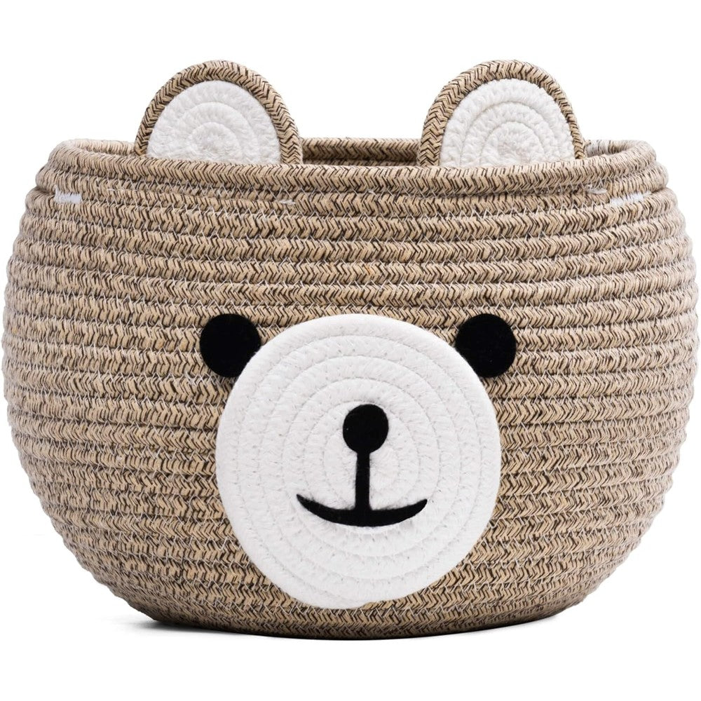 CherryNow cotton rope baby basket front view showing cute bear face design.