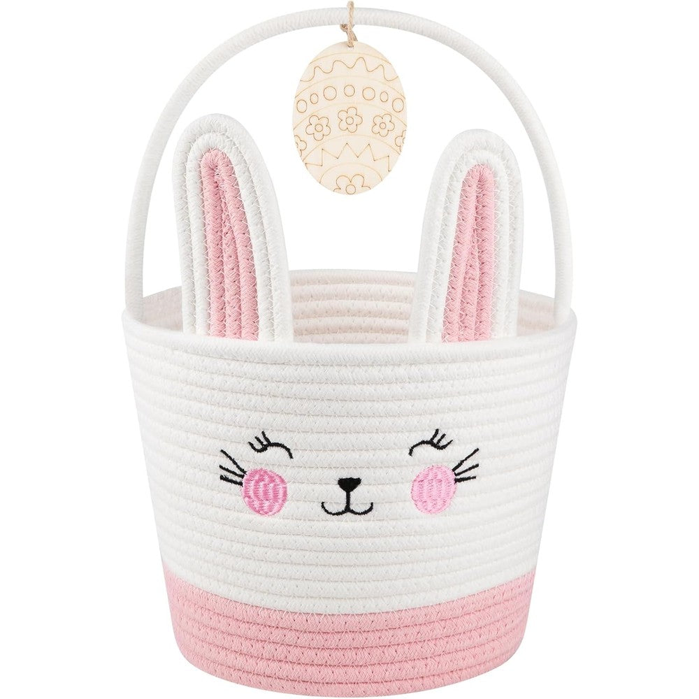 OIASKET personalized easter bunny basket front view showing pink and white woven cotton design