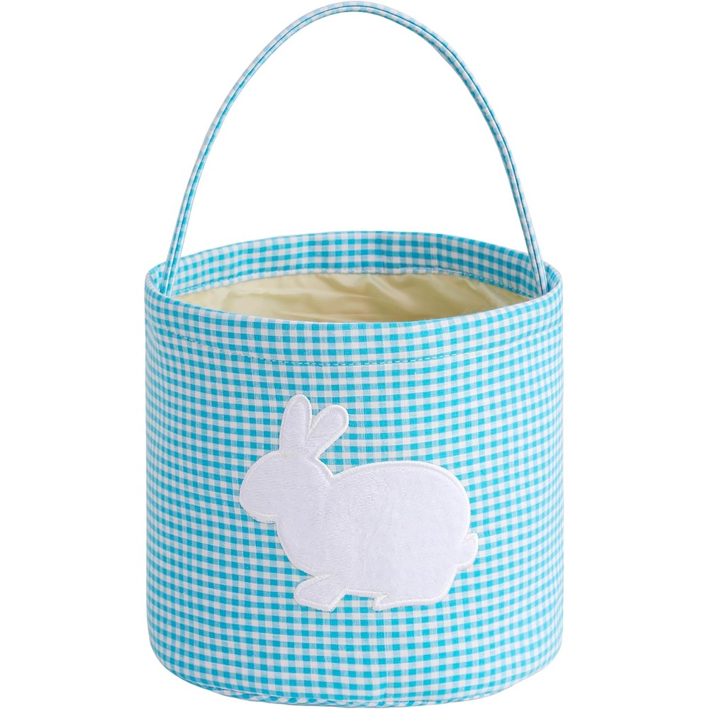 Embrunioice Bunny Easter Basket front view blue gingham pattern fabric bag