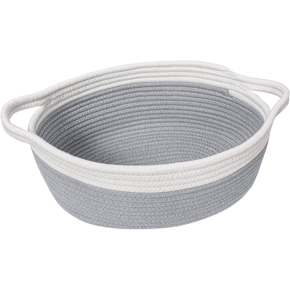 Goodpick small woven cotton rope storage basket front view displaying gray and white design