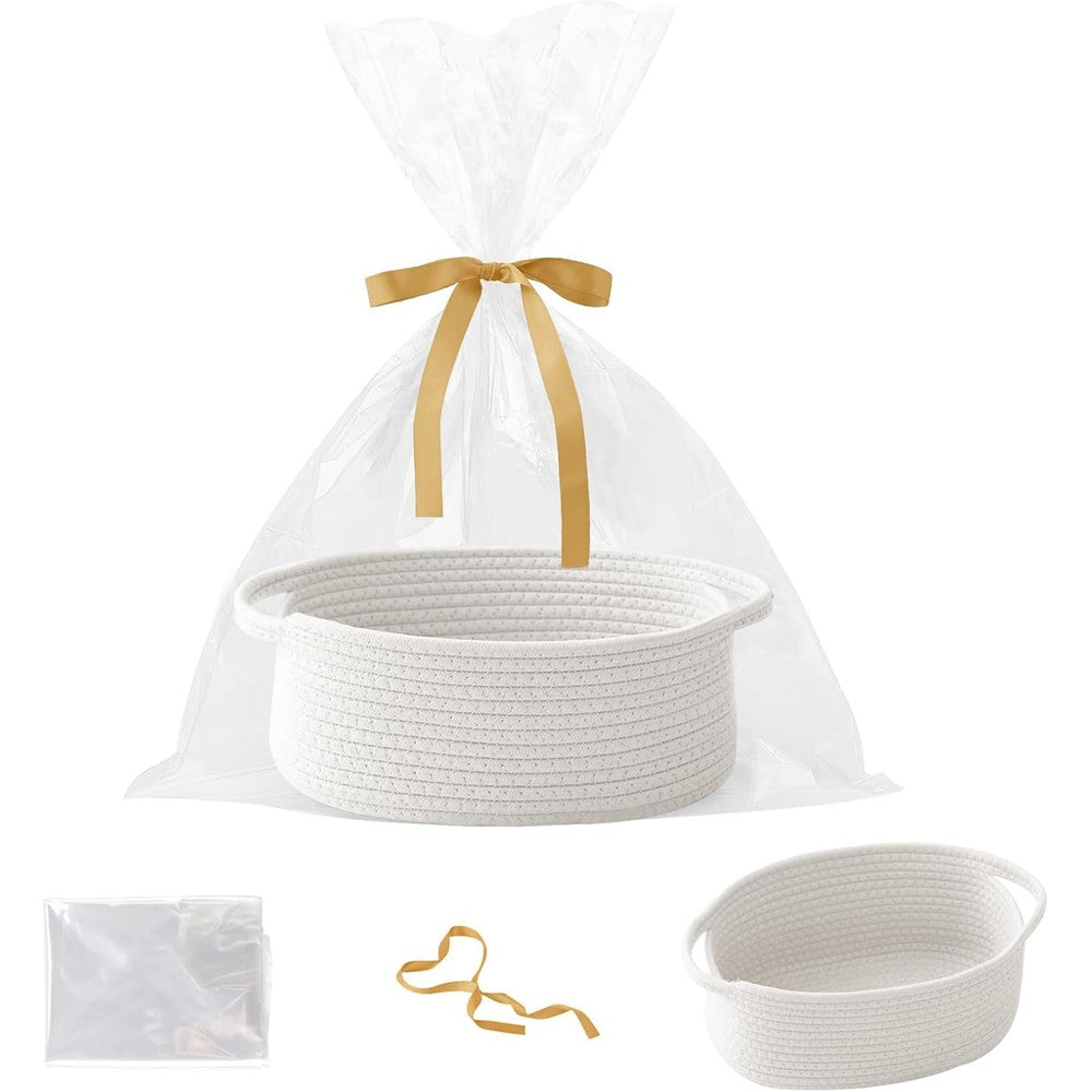AOFANGSHIYE small woven rope basket front view filled with baby gifts