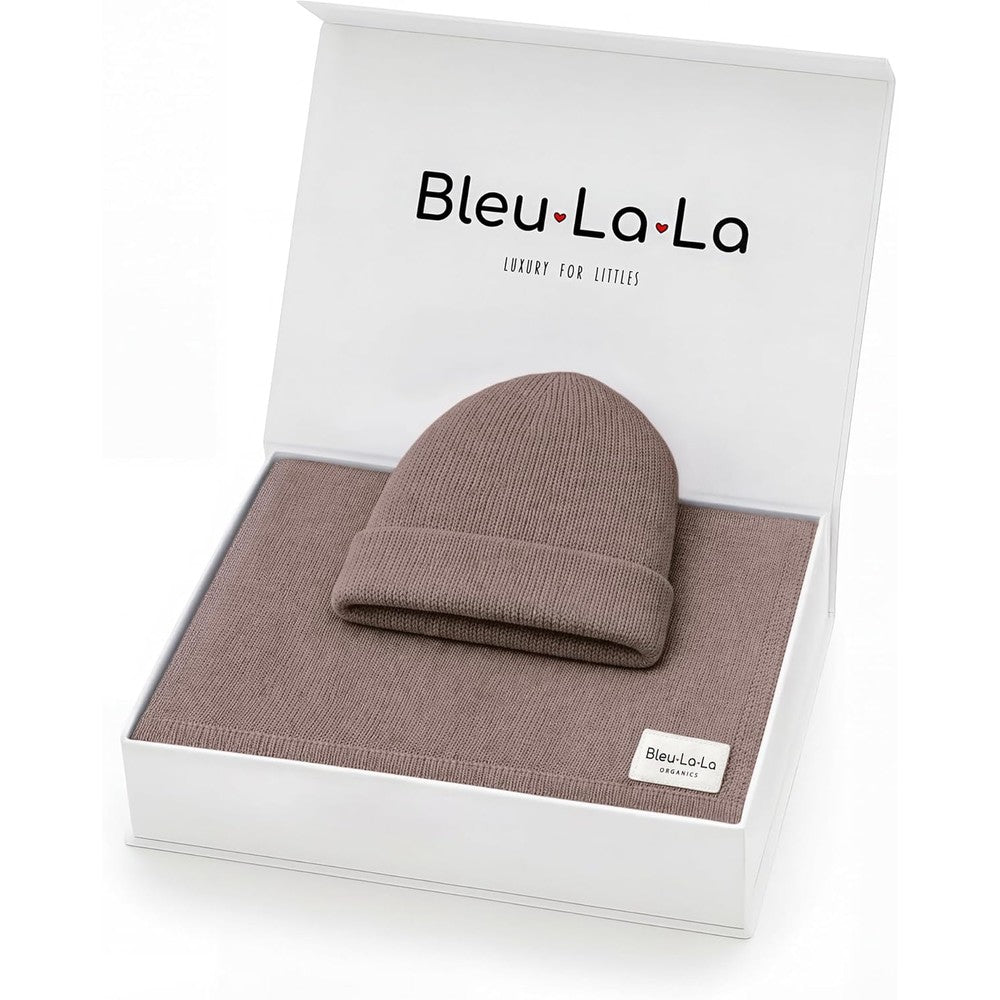 Bleu La La organic cotton baby blanket and hat gift set front view packaged inside a premium white presentation box with a signature ribbon.