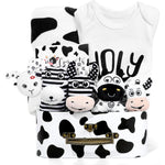 Iaovueby newborn gift set featuring cow-themed sensory toys and clothing