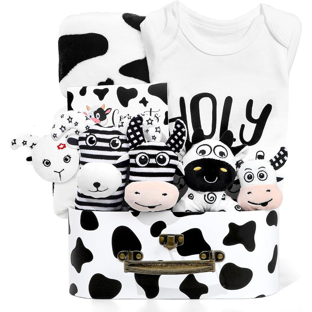 Iaovueby newborn gift set featuring cow-themed sensory toys and clothing
