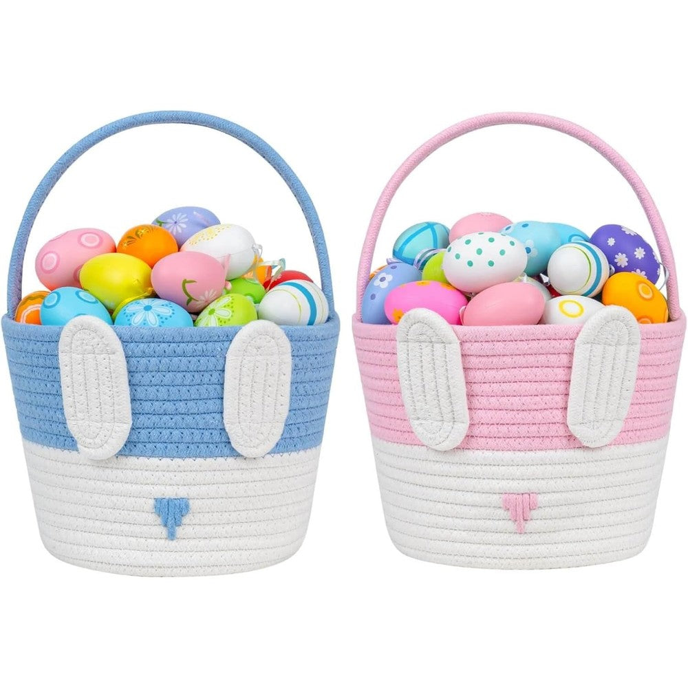 CubesLand Easter Bunny Basket Set front view showing two woven cotton rope baskets with pastel ears.
