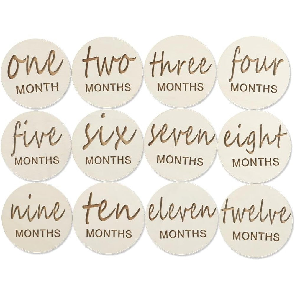 Vichona wooden baby monthly milestone cards twelve piece set front view showing elegant laser engraved script