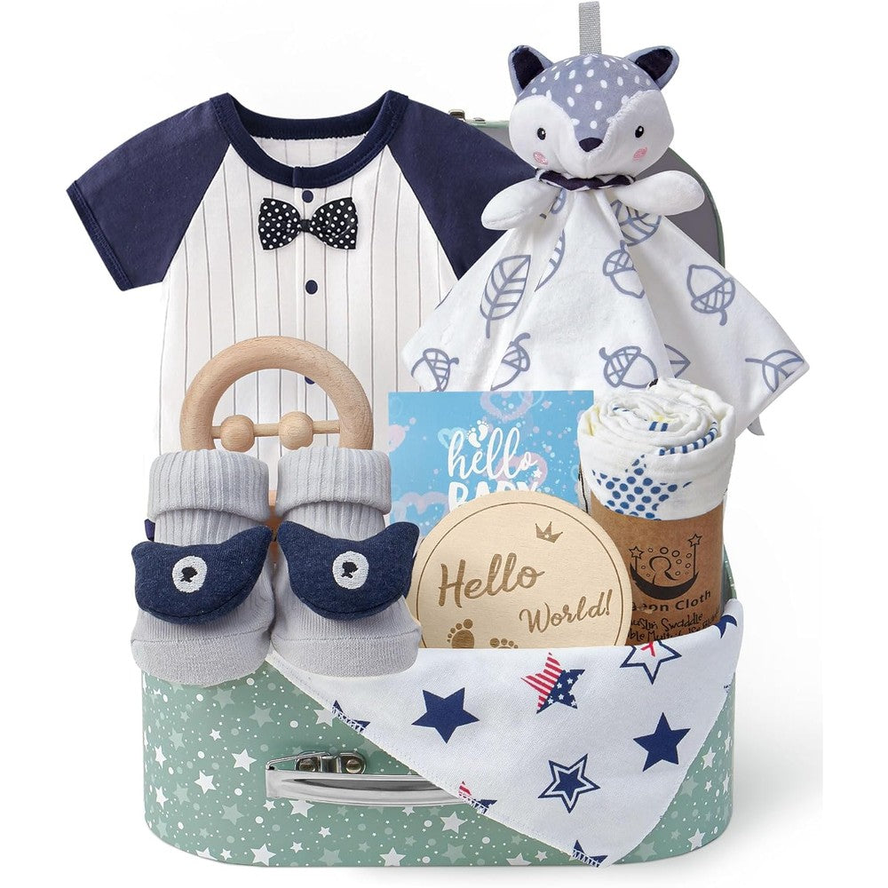 Golray baby boy gift set inside a decorative patterned suitcase showing all nine newborn essentials