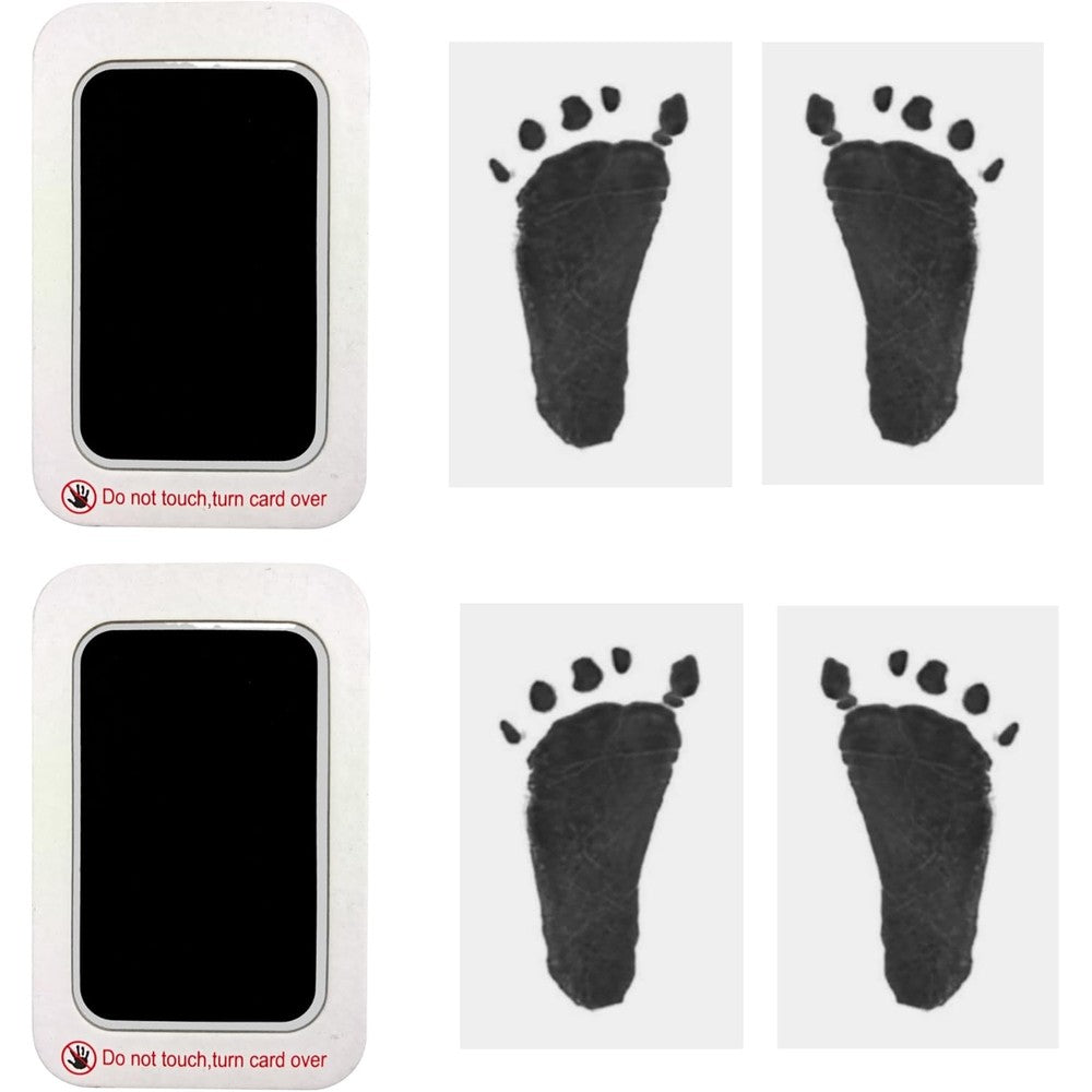 RIKWOG baby footprint and handprint kit front view showing two black inkless print pads and four white imprint cards.