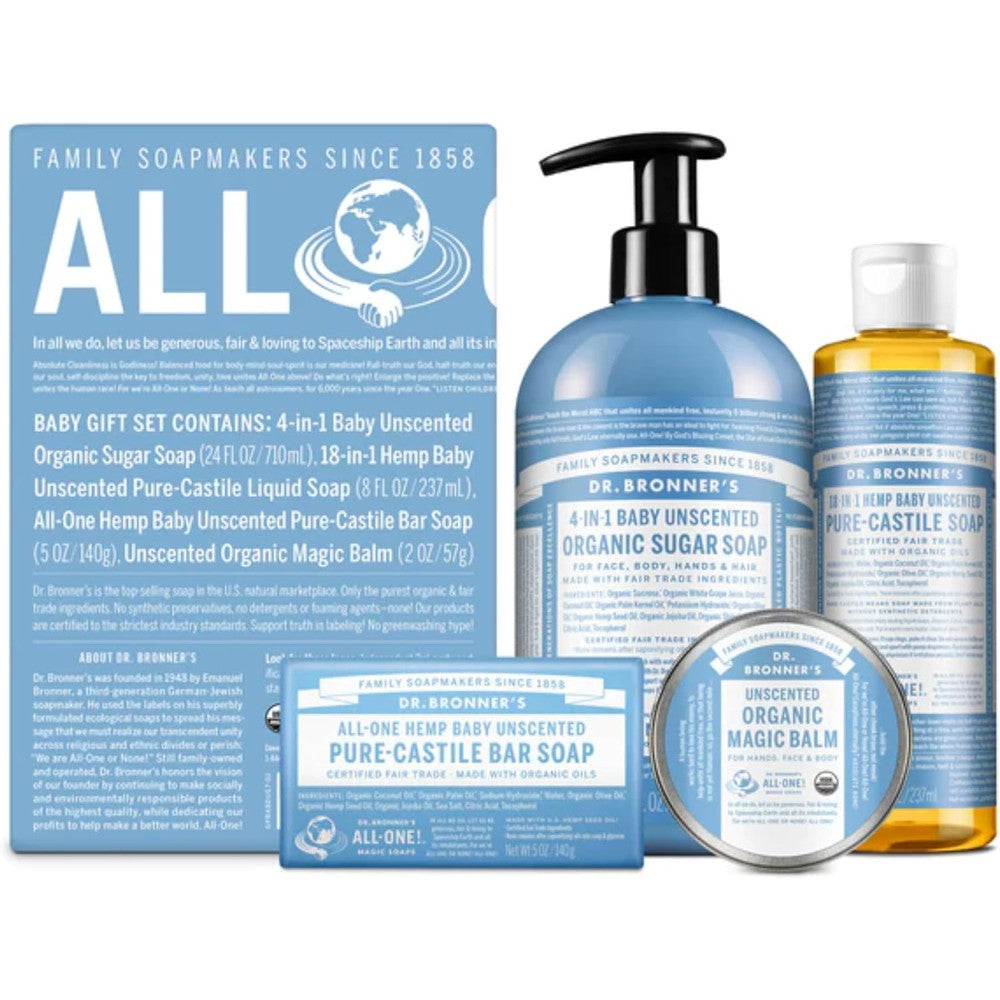Dr. Bronner's Baby Unscented Gift Set front view highlighting organic packaging.