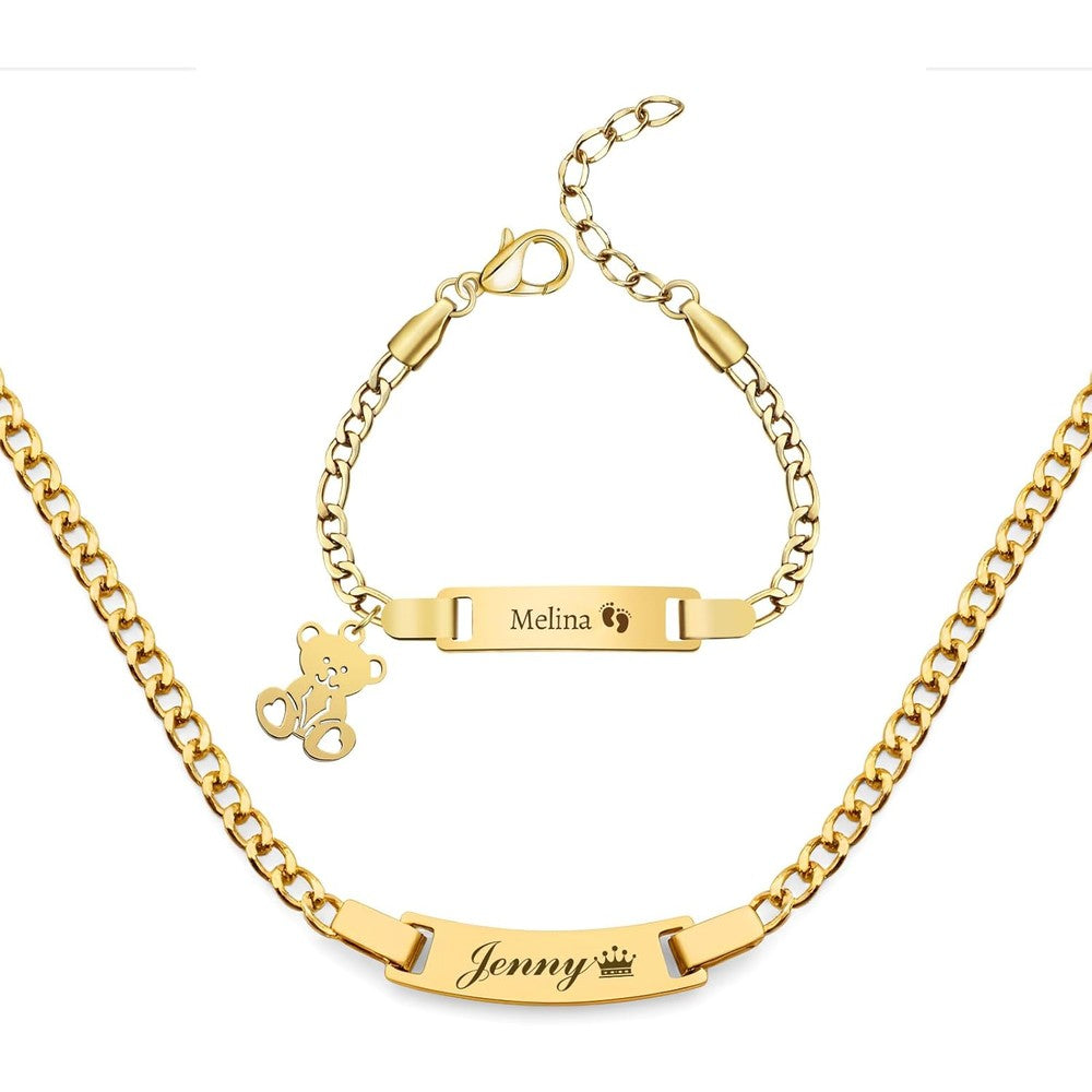 Malihome personalized baby bracelet and necklace set front view showing custom engraving plates
