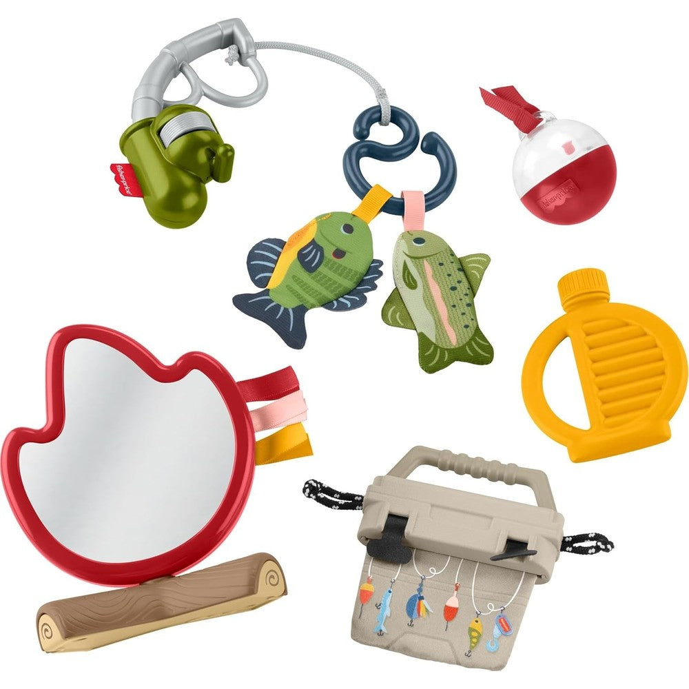 Fisher-Price Mini Me Moments Camp And Crinkle Set front view showing the complete seven piece sensory toy collection.