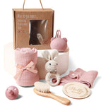 EERKEOD Baby Gift Set front view of premium pink newborn gift box with swaddle blanket and wooden rattle