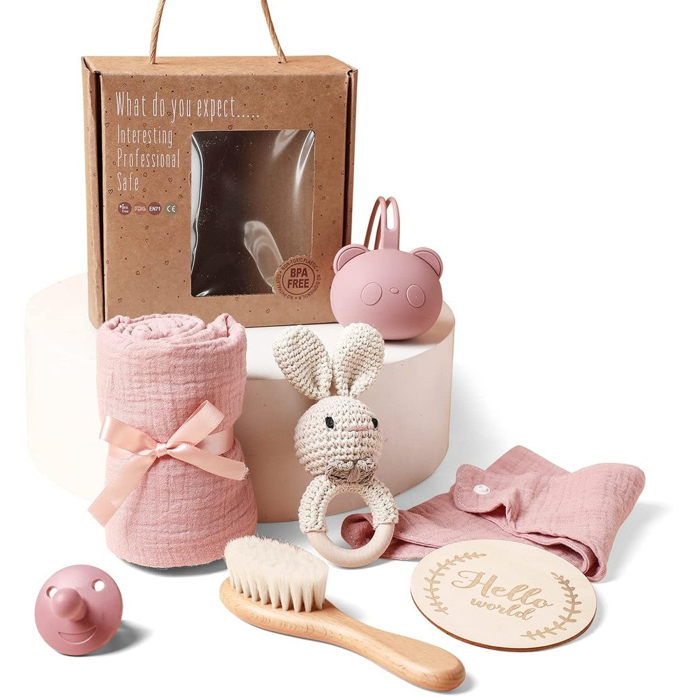 EERKEOD Baby Gift Set front view of premium pink newborn gift box with swaddle blanket and wooden rattle