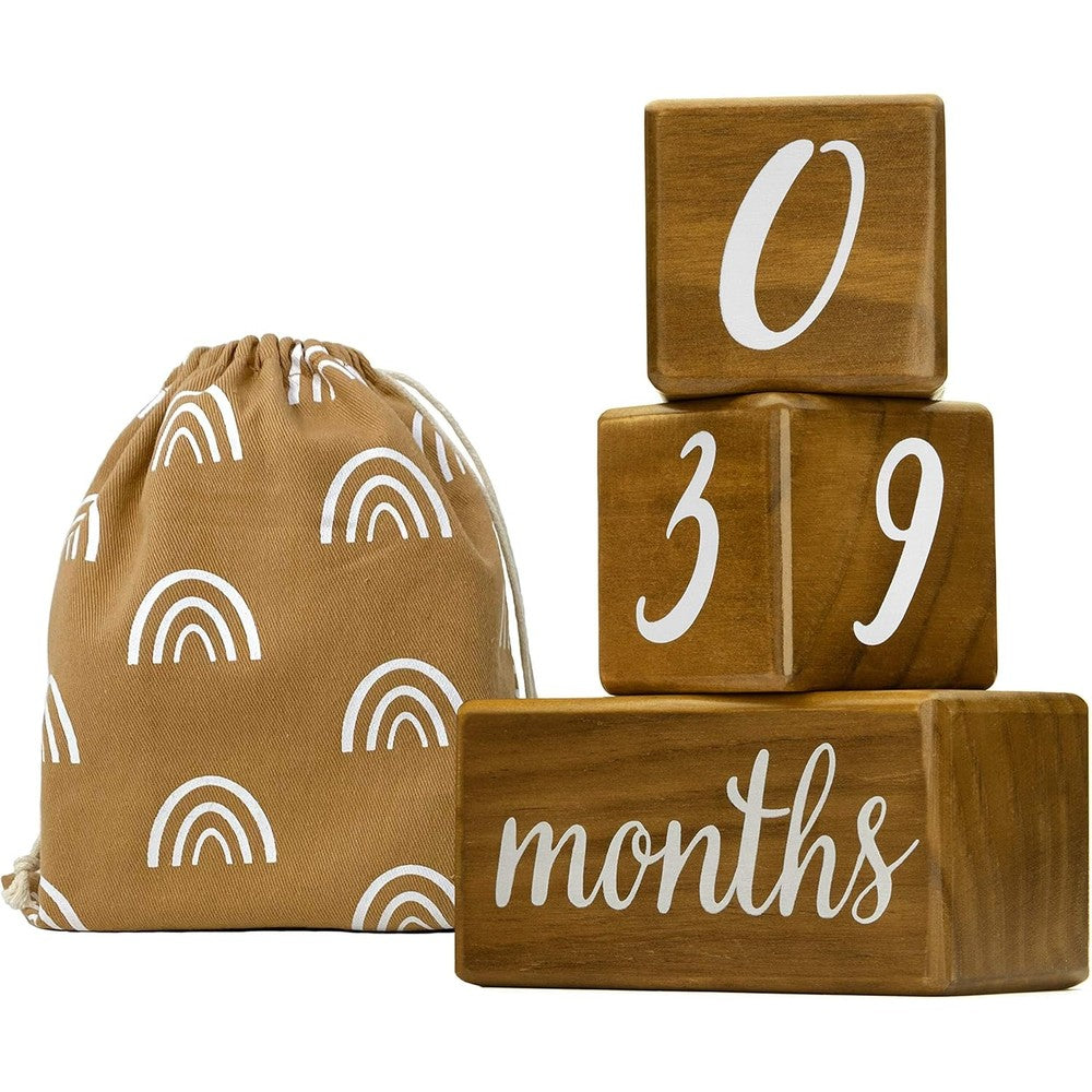 Pondering Pine natural pine wood baby milestone blocks front view